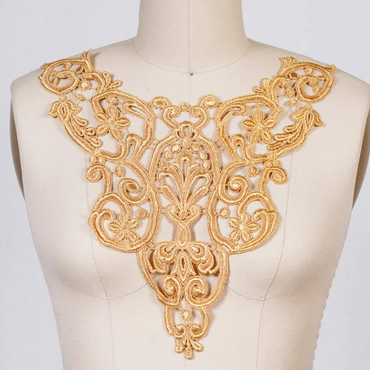 1 Piece Gold Venice Lace V Shaped Applique for Costumes Dresses and Formal Neckline Designs